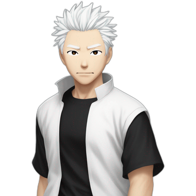 gojo satoru from jujutsu kaisen with white hair, black tshirt and a white baggy pant emoji