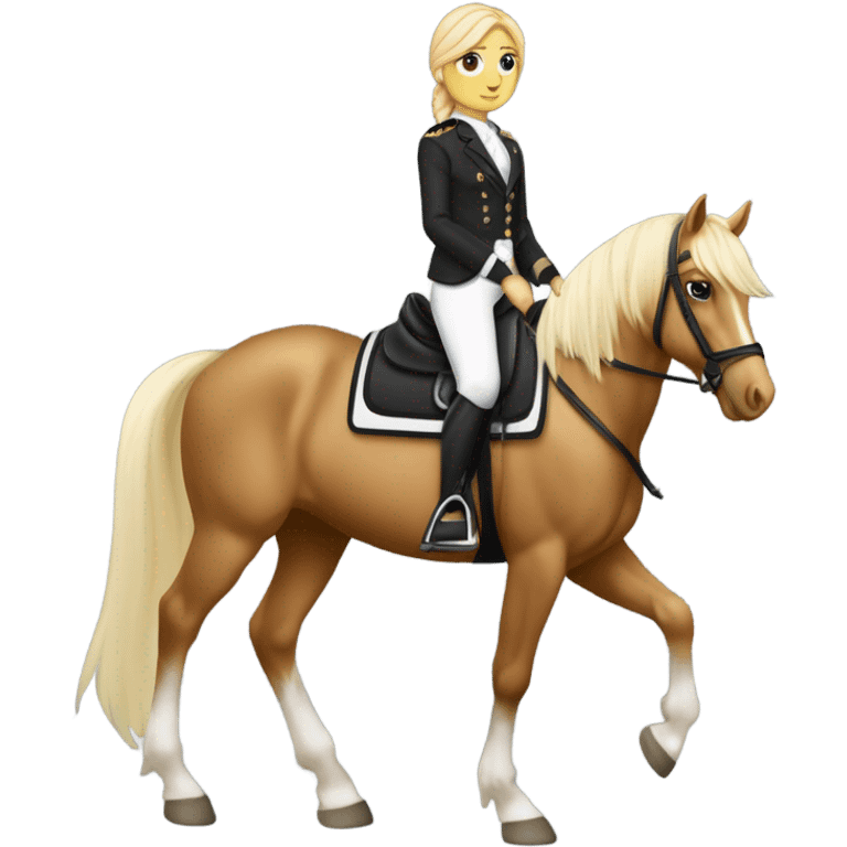 Un cheval Palomino en tain de galoper il a un tapis noir à paillettes sur le dos, sa cavalière qui est sur lui est une fille blanche avec les cheveux marrons elle porte un pantalon noir et une veste de sport noir  emoji