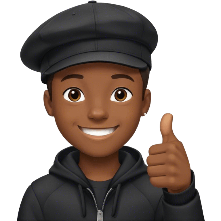 21-year-old black boy, smiling with his thumbs up, with a cap and black coat, emoji