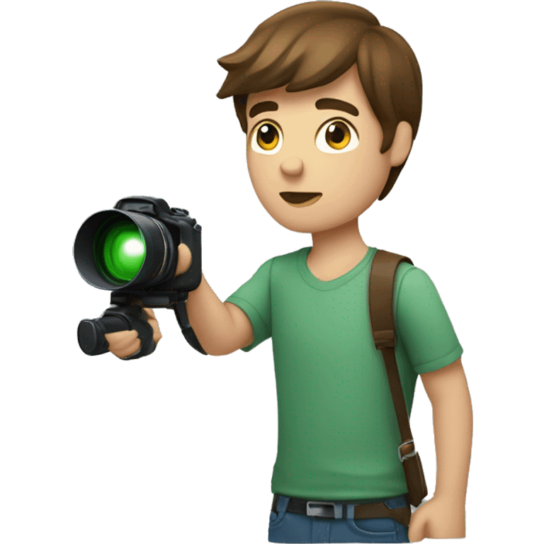 A young man holds a camera with a flash in his hands.He has shoulder-length brown hair.His eyes are green.Dressed in a shirt. emoji