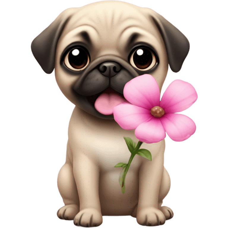 Baby pug playing with a flower pink eyes  emoji