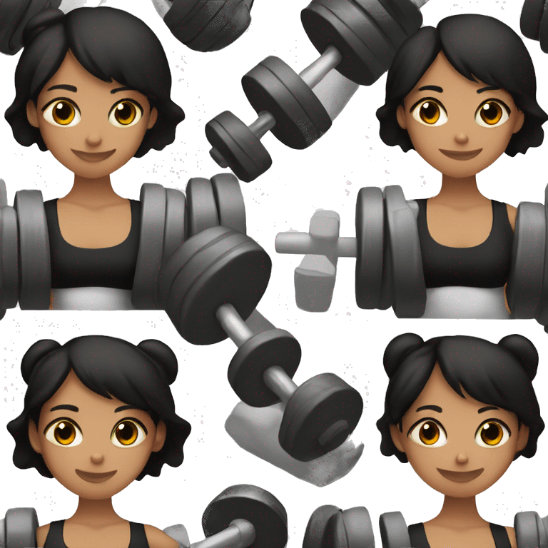 Gym girl lifting weights,black hair brown eyes, smiling wearing black gym leggings emoji