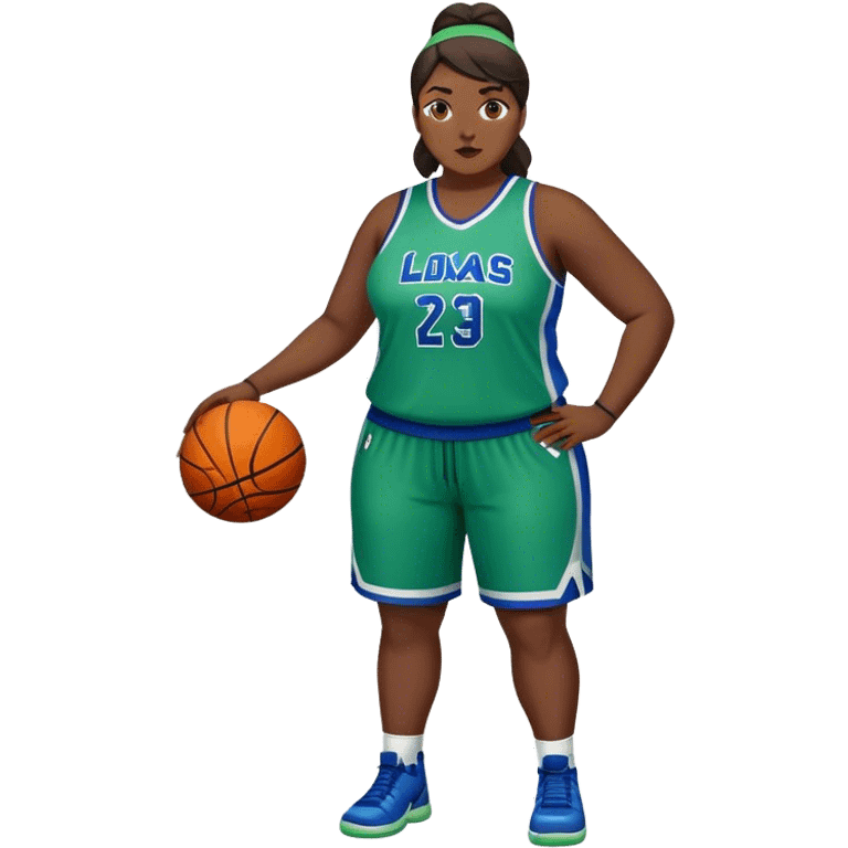 Full Body Latino plus size women basketball player wearing blue and green uniform emoji