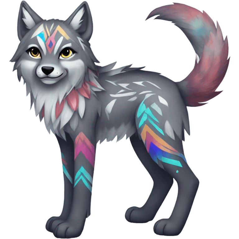 Fionbri-Falvie-sparkle-greywolf-sona with shiny colorful tribal markings full body emoji