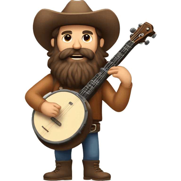 Burleigh man with long brown hair and a big brown beard playing the banjo looking like a rugged mountain man emoji