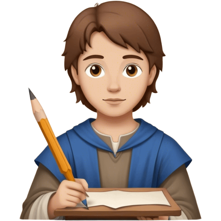 medieval painter apprentice with brown hair drawing paper and pencil emoji