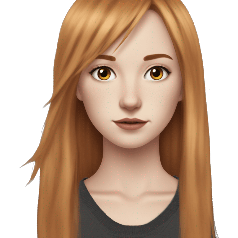 White fair skin, long hair, woman, feminine, straight hair in a wolf haircut, ginger coloured hair, grundge aesthetic, beautiful face, British, stylist, aesthetic, side bangs, front bangs emoji