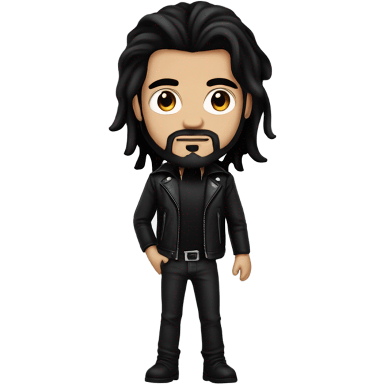 Man with long black hair, black goatee, square jawline, eyeliner, black leather jacket, black pants, black shirt and pentacle necklace emoji