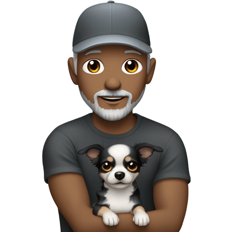 Handsome man with blue eyes wearing ball cap with grey hair and goatee beard holding all black long haired chihuahua emoji