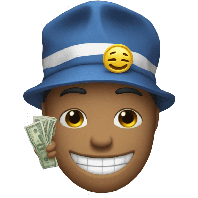 Emoji with bue hat and it's hands are flex money emoji