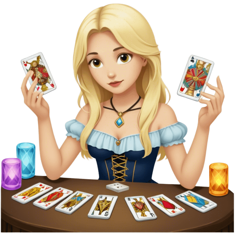 Blonde girl makes a hand on the cards tarot  emoji