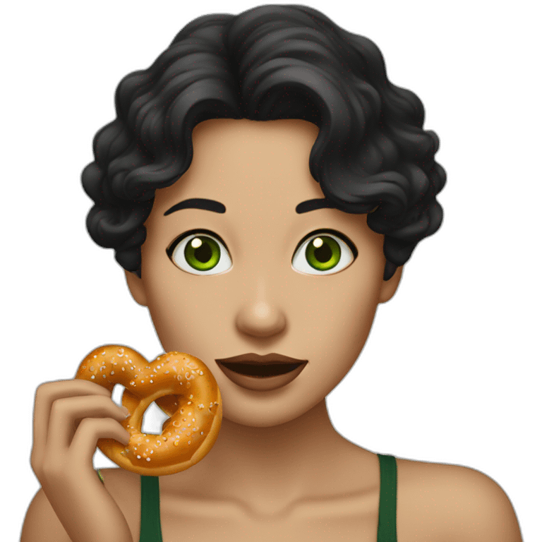 A Woman with green eyes and black wavy hair eating a pretzel  emoji