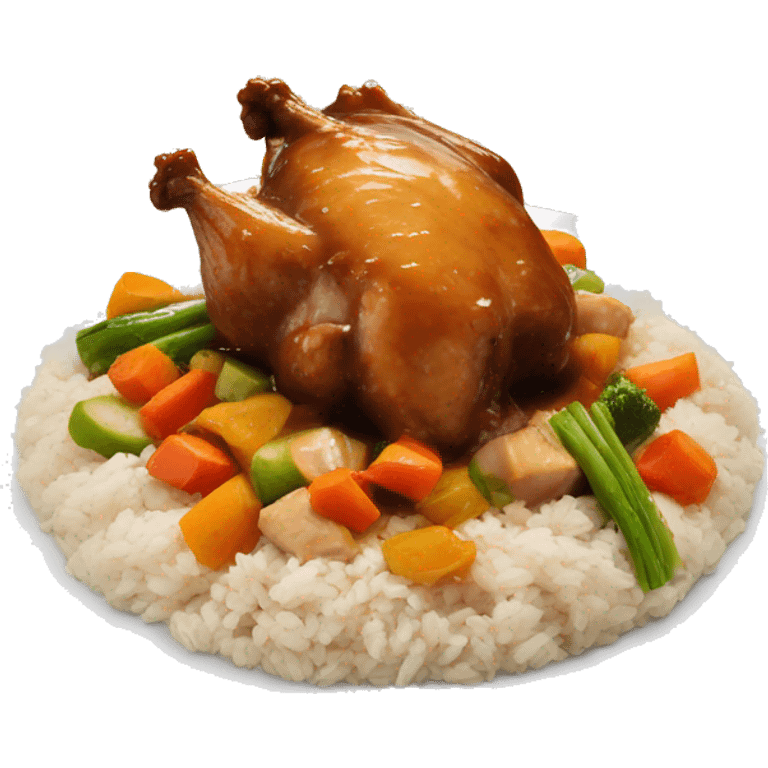 chicken in brown sauce over rice with veggies emoji