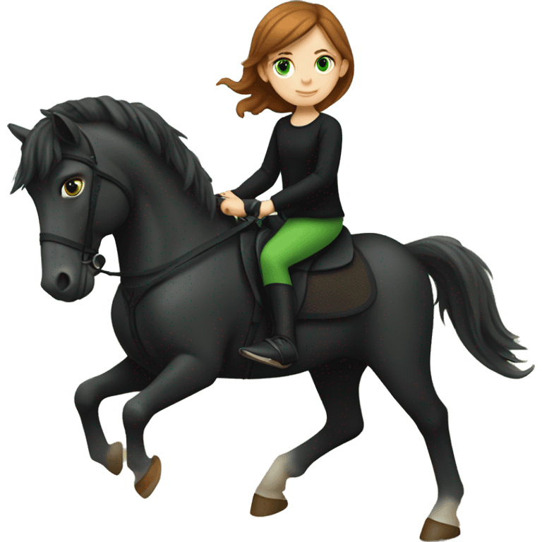 A pale little girl with brown hair, green eyes, orange pants and a black shirt riding a black horse  emoji