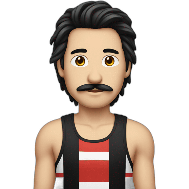 male with long black hair, moustache and striped black and red tank top emoji