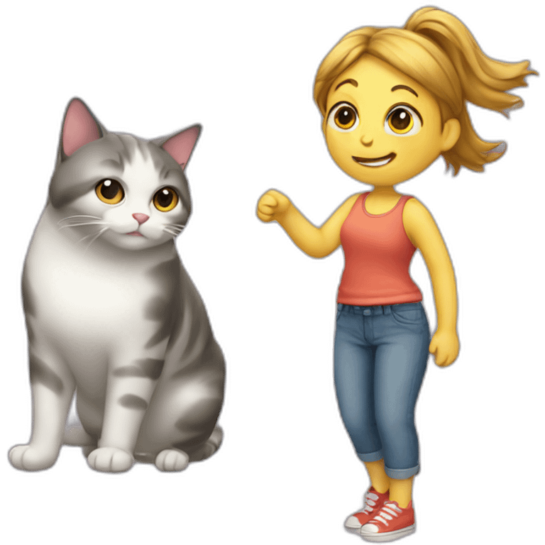 Girl playing with fat cat with trousers emoji