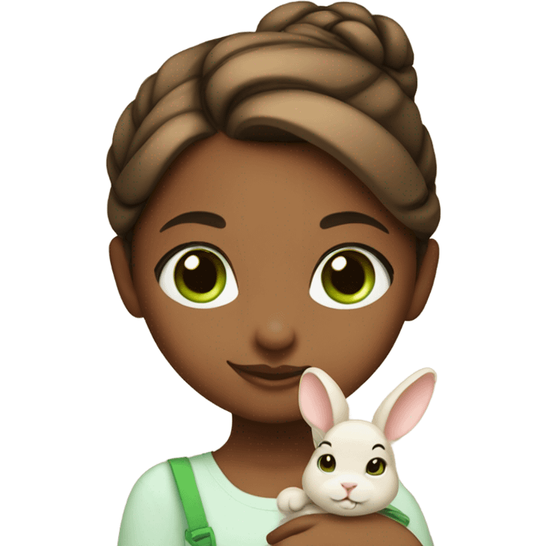 girl hair in bun with green eyes with cute brown bunny emoji