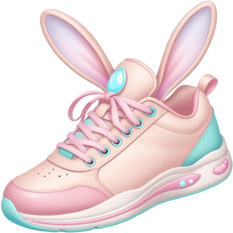 Cute Kawaii Shoe, small and bouncy, soft pastel sneakers with glowing highlights, cute sparkling eyes, a happy cheerful expression, laces tied like bunny ears! emoji