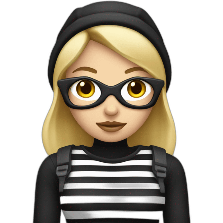 bank robber blonde woman with black beanie hat eye mask and striped shirt emoji