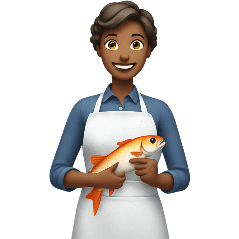 smiling mom in apron with fish emoji