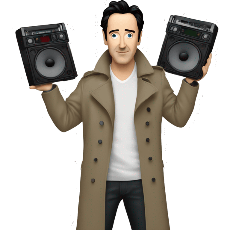 john-cusack-holding-boombox-arms above his head wearing trench coat  emoji