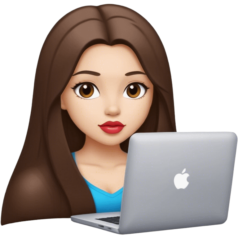 Glamour, plump lips, beautiful sexy girl, with long straight brunette hair, with laptop working emoji