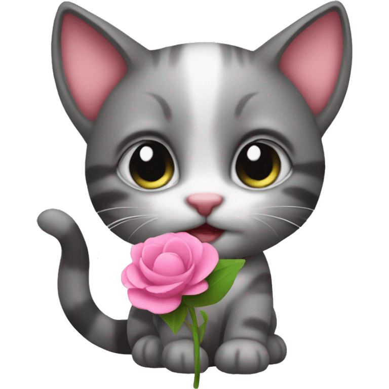 Cute kitten holding a pink flower emoji