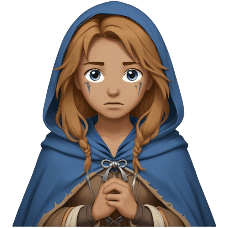 A young human woman with long, unkempt golden-brown hair, piercing blue-gray eyes filled with quiet determination. Dressed in a worn tunic and a tattered cloak, her calloused hands grip a bow, a hunter surviving against the odds. emoji