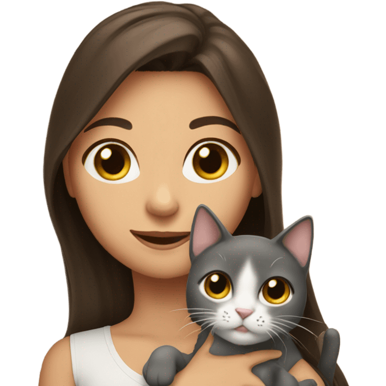 portrait of a beautiful brunette girl holding a cat emoji