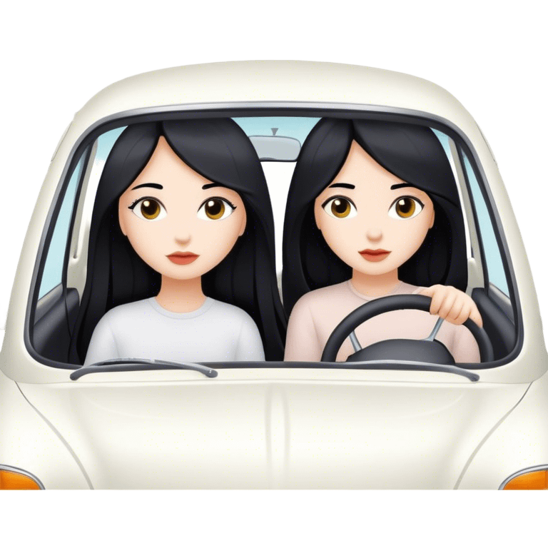 Two girls with long black hair, white, in white car from far view  emoji