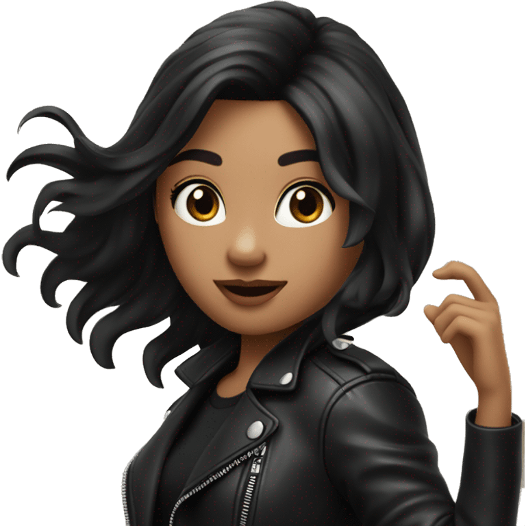 Beautiful girl with black hair and black leather jacket flipping her hair with her hand emoji