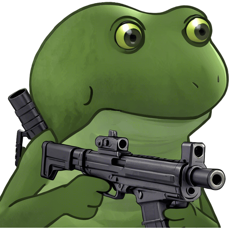 Frog shooting a machine gun emoji