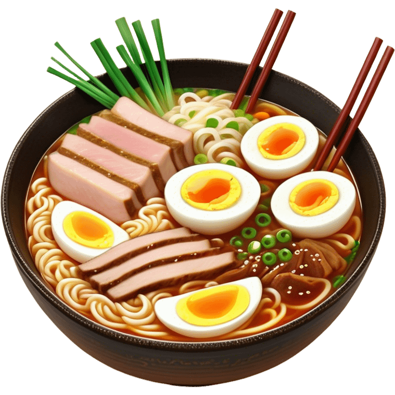 Cinematic Realistic Ramen Dish Emoji, showcasing a steaming bowl of rich broth with noodles and toppings rendered with dynamic textures and inviting, warm lighting. emoji