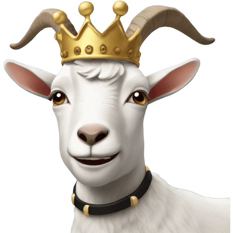 Goat with horns wearing a black sweater and big royal crown emoji