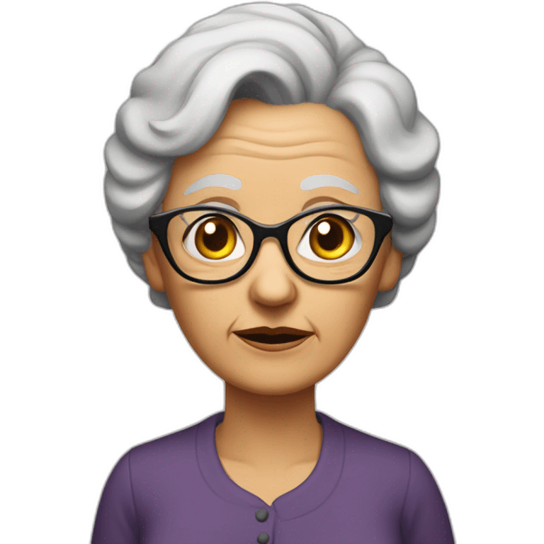 An elderly woman with raised eyebrows and a dissatisfied face. She has dark hair that is pulled into a bun at the back and she is wearing cat-like glasses. emoji