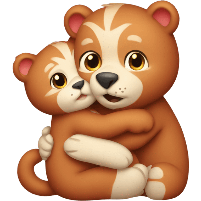 brown bear cub hugs red cat emoji