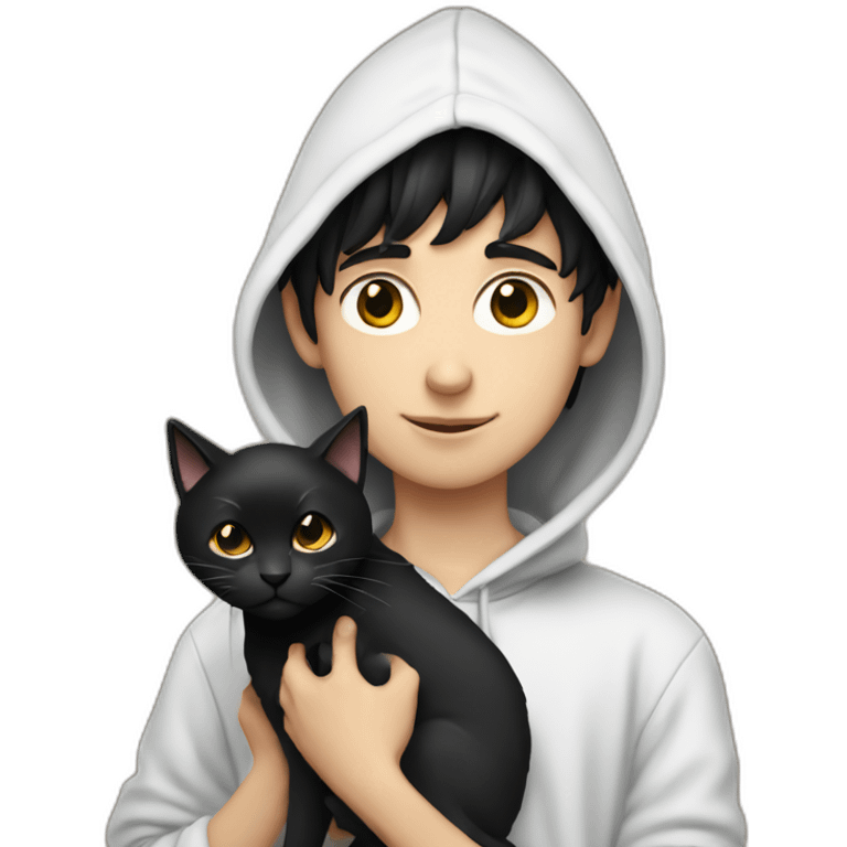 black haired and white skin boy who wears hoodie holds a black cat emoji