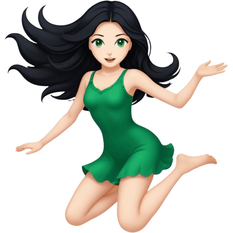 Beautiful lady with long black hair and green eyes jumping emoji