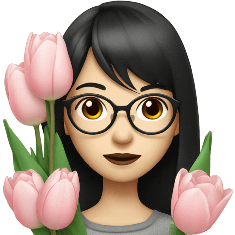 asian pale skin girl with long black hair and bangs and glasses holding tulips emoji