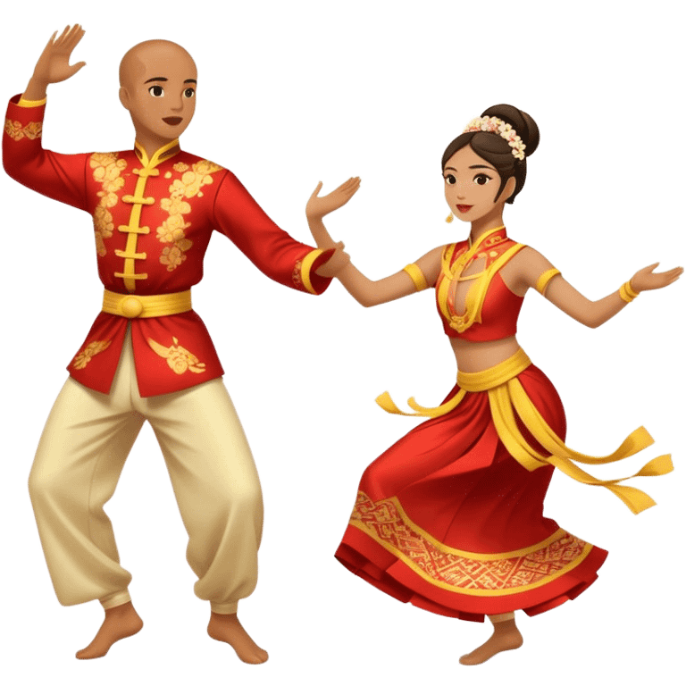 Cinematic Realistic scene of two performers executing a traditional Vietnamese folk dance, adorned in intricately patterned traditional costumes, captured in fluid motion with soft, culturally rich lighting emoji