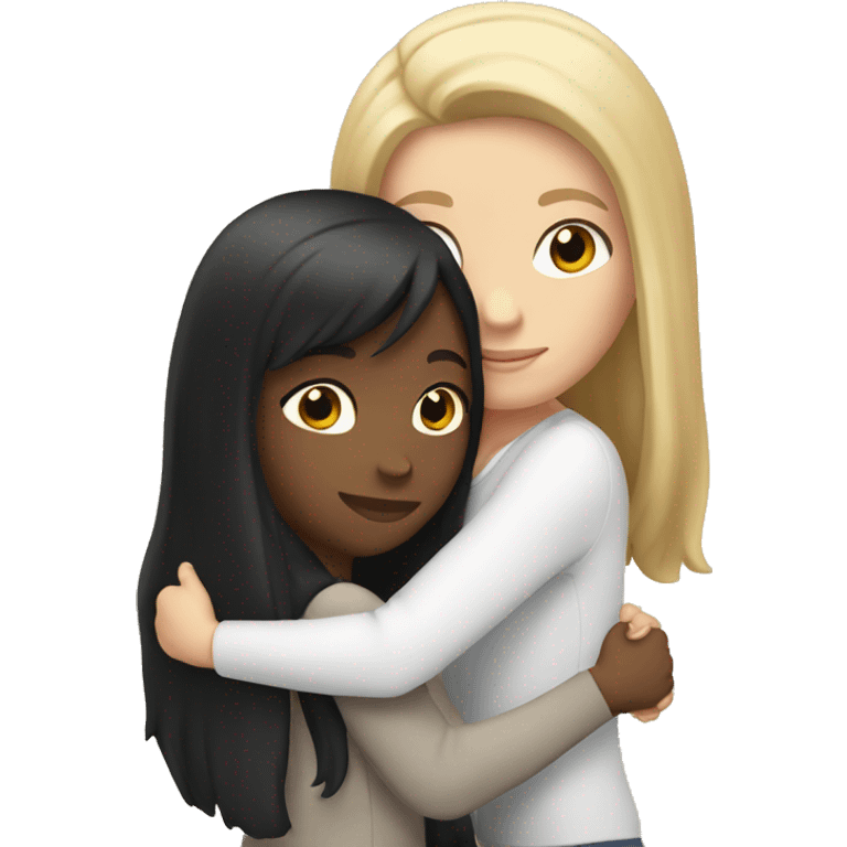 Two white girls with long black hair hugging. emoji