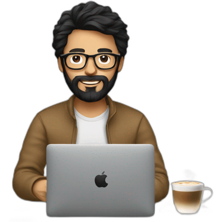 Designer with black hair, beard and glasses working with MacBook and drinking cappuccino  emoji