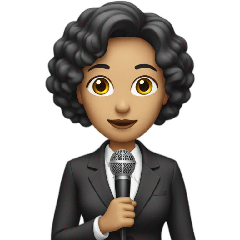 Woman wearing a suit while holding a microphone emoji