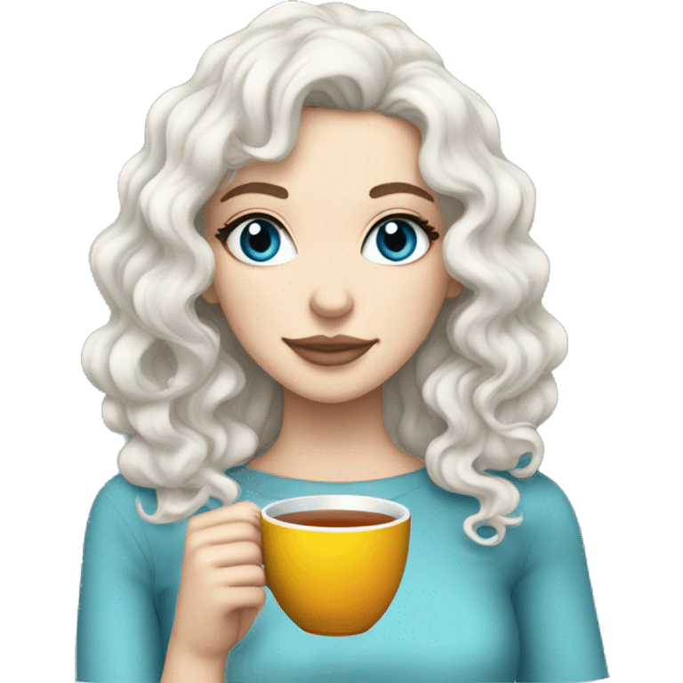 White Girl black curly hair blue eyes sipping tea emoji