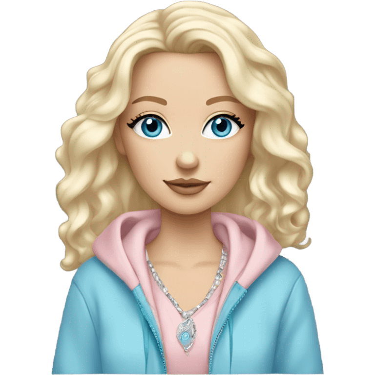 body White girl with platinum wavy blond hair, long lashes and stunning blue eyes wearing jewelry and a light pink oversize hoodie zip up emoji