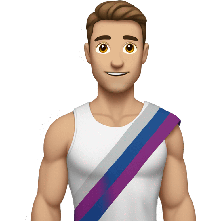 A muscular white man with half-slanted brown eyes and brown hair style with a parting on the left side holding the bisexual flag emoji