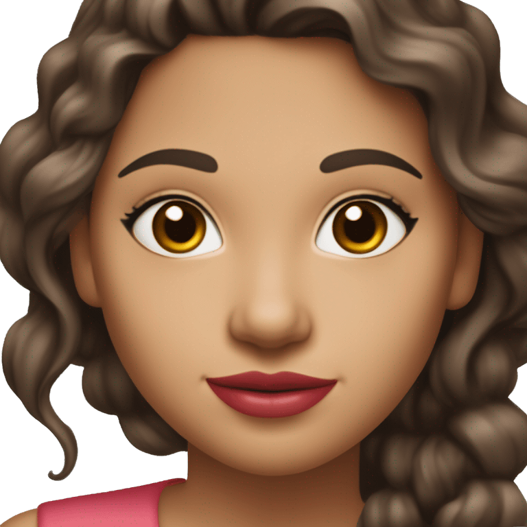 She has soft features, fair skin, and almond-shaped eyes. Her defined eyebrows and natural pink lips frame her face. Her dark, wavy hair is partly tied back, giving her an elegant yet relaxed look.  She wears a red V-neck long luxurious dress. White skin. emoji