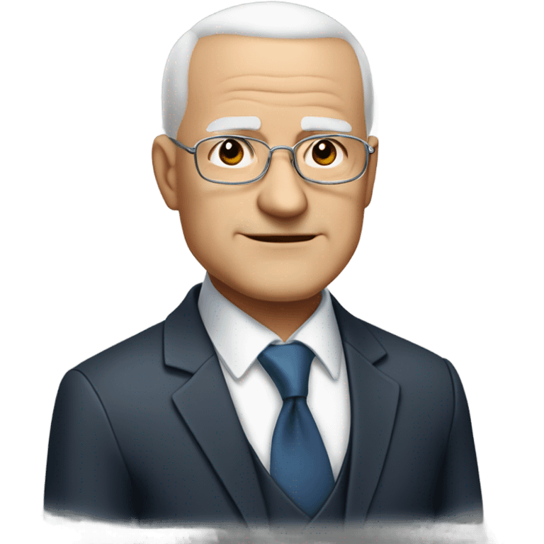 Man about 60 years old, bald with white hair only on the sides, large napia, with a very round face, small eyes, double chin and wearing a suit emoji