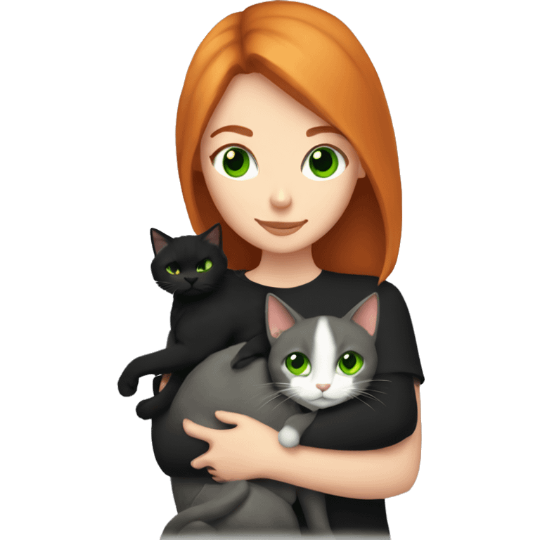 Readhead girl with green eyes snuggling black cat emoji