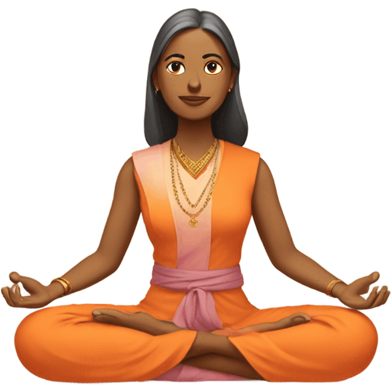 an  Indian woman, sleeveless pastel shirt
 yogi with a peaceful and meditative expression. The character should be wearing an orange robe, symbolizing traditional yogic attire. The yogi can be sitting in a lotus position emoji